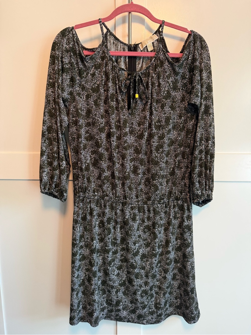 Michael Kors Black and White Floral Cold-Shoulder Long Sleeve Dress